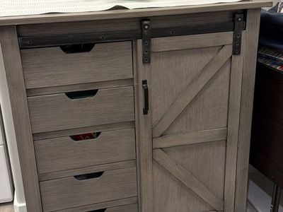 Farmhouse Gray Wood Storage Cabinet with Barn Door and 4 Drawers