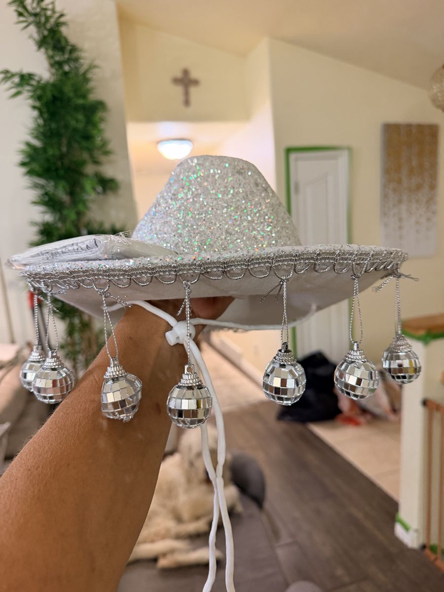 New! Sparkling Silver Glitter Sombrero with Disco Ball Fringe - One Size Fits Most Party Hat
