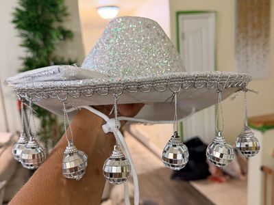 New! Sparkling Silver Glitter Sombrero with Disco Ball Fringe - One Size Fits Most Party Hat