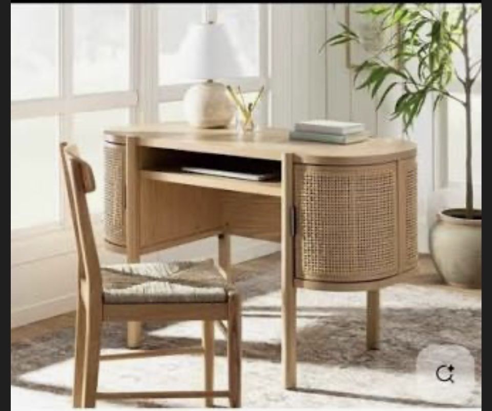 Natural Wood & Cane Writing Desk with Side Storage Cabinets