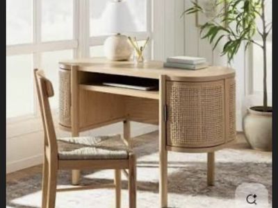 Natural Wood & Cane Writing Desk with Side Storage Cabinets