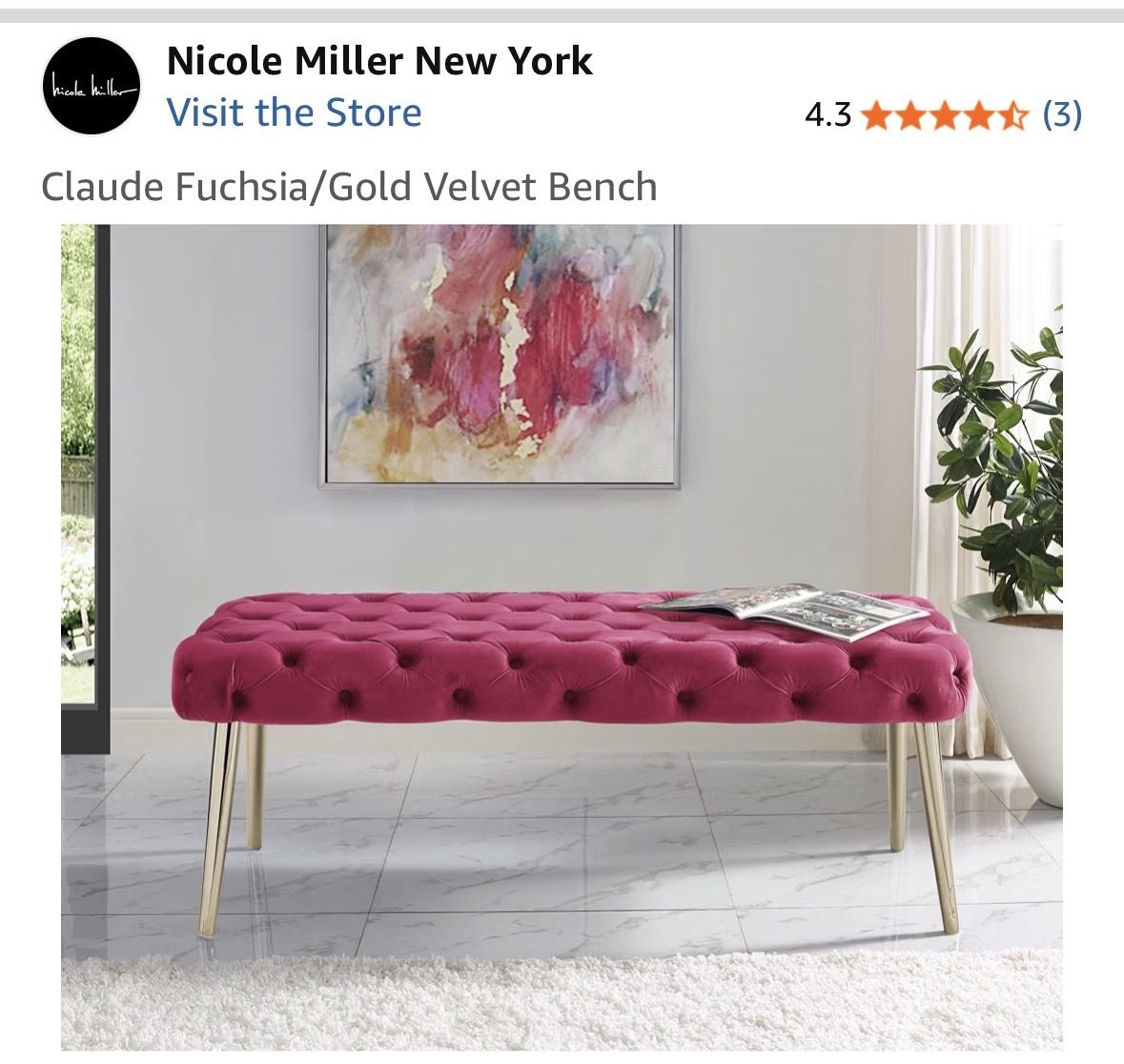 Fuchsia Velvet Bench w/Gold Legs