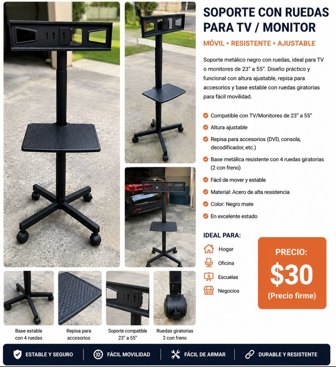 Adjustable Mobile TV/Monitor Stand with Wheels & Shelf - Fits 23"-55" Screens