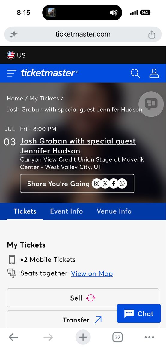 2 Josh Groban & Jennifer Hudson Concert Tickets - July 3, 2026 - Maverick Center FCC Row 25