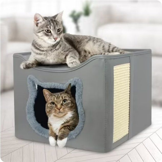 Foldable Square Pet Cave with Scratching Pad, Gray