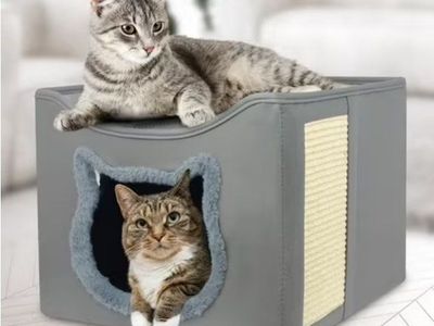 Foldable Square Pet Cave with Scratching Pad, Gray