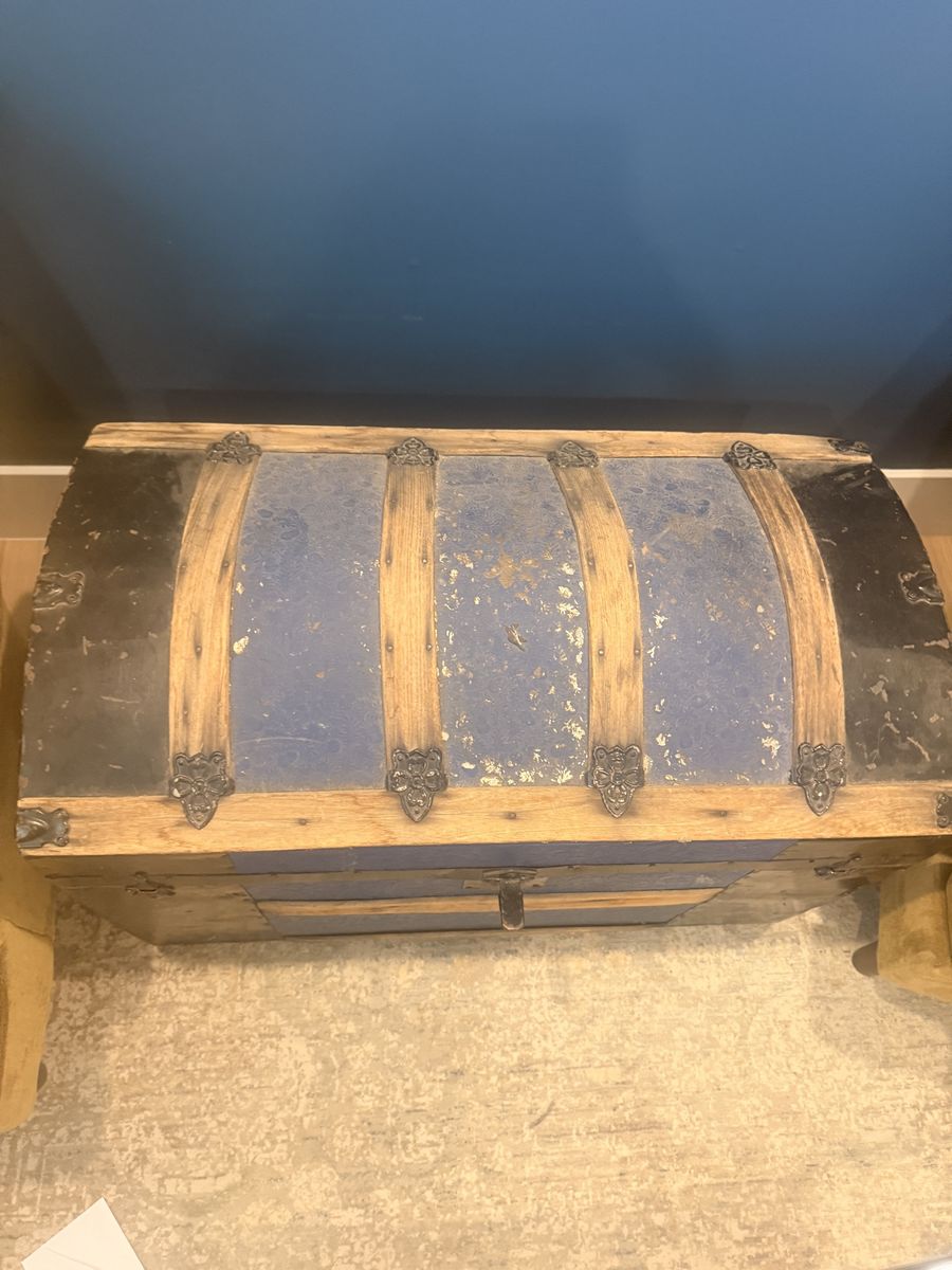 Vintage Steamer Trunk - Antique Blue & Black Wood Storage Chest