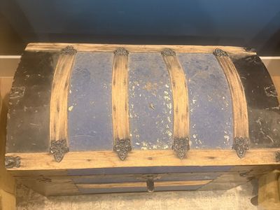 Vintage Steamer Trunk - Antique Blue & Black Wood Storage Chest