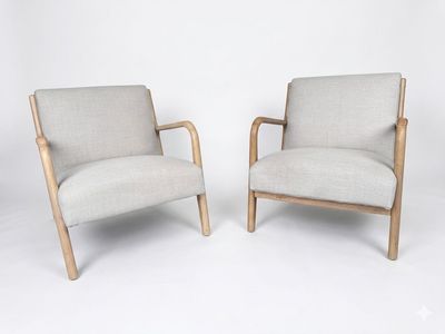 Mid-Century Modern Pair of Accent Chairs with Wooden Frame and Upholstered Seat - Beige