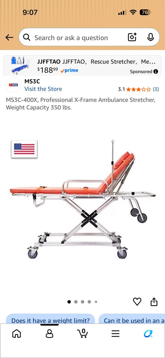 MS3C-400X Professional X-Frame Ambulance Stretcher, 350 lbs. Capacity, Orange/Silver