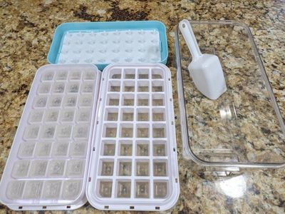 Ice cube trays with bin, lid and scoop