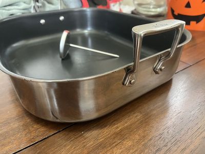 LIKE NEW - All-Clad 13"x16" Non-stick Roasting Pan w/ thermometer (no lid or rack) - Stainless Steel finish