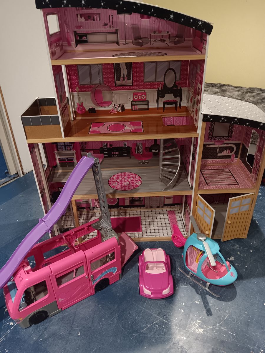 Barbie house, camper van, car, helicopter