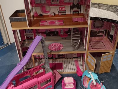 Barbie house, camper van, car, helicopter