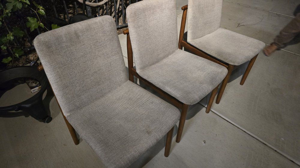 Set of 3 Modern Dining Chairs - Light Gray Upholstery, Wood Legs