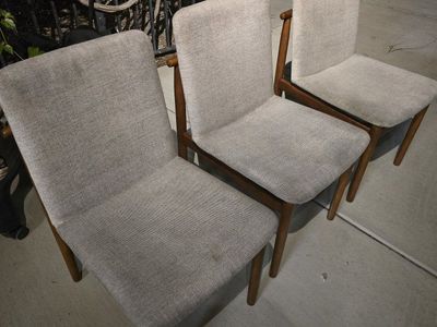 Set of 3 Modern Dining Chairs - Light Gray Upholstery, Wood Legs