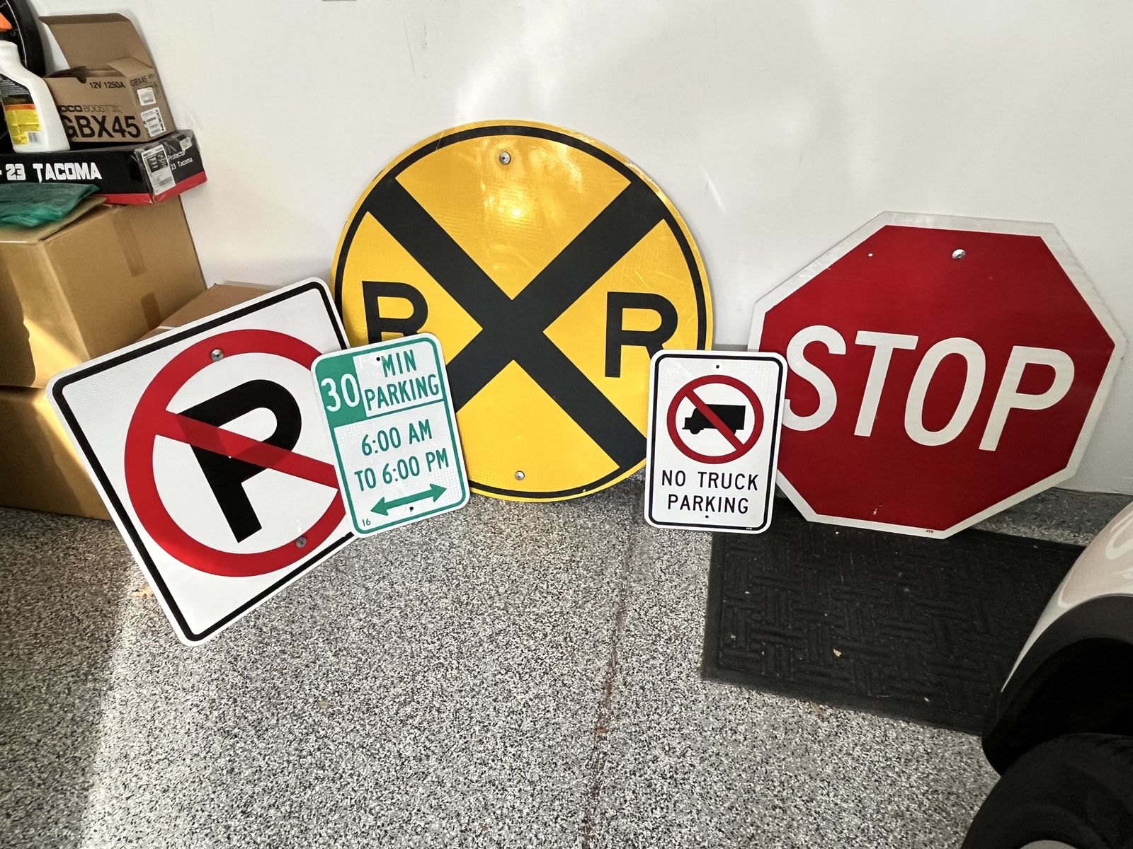 Authentic Decommissioned Street Signs: Stop, Railroad Crossing, No Parking, No Truck Parking, 30 Minute Parking