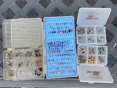 Assorted Fly Fishing Flies Lot with 4 Plastic Fly Boxes Included