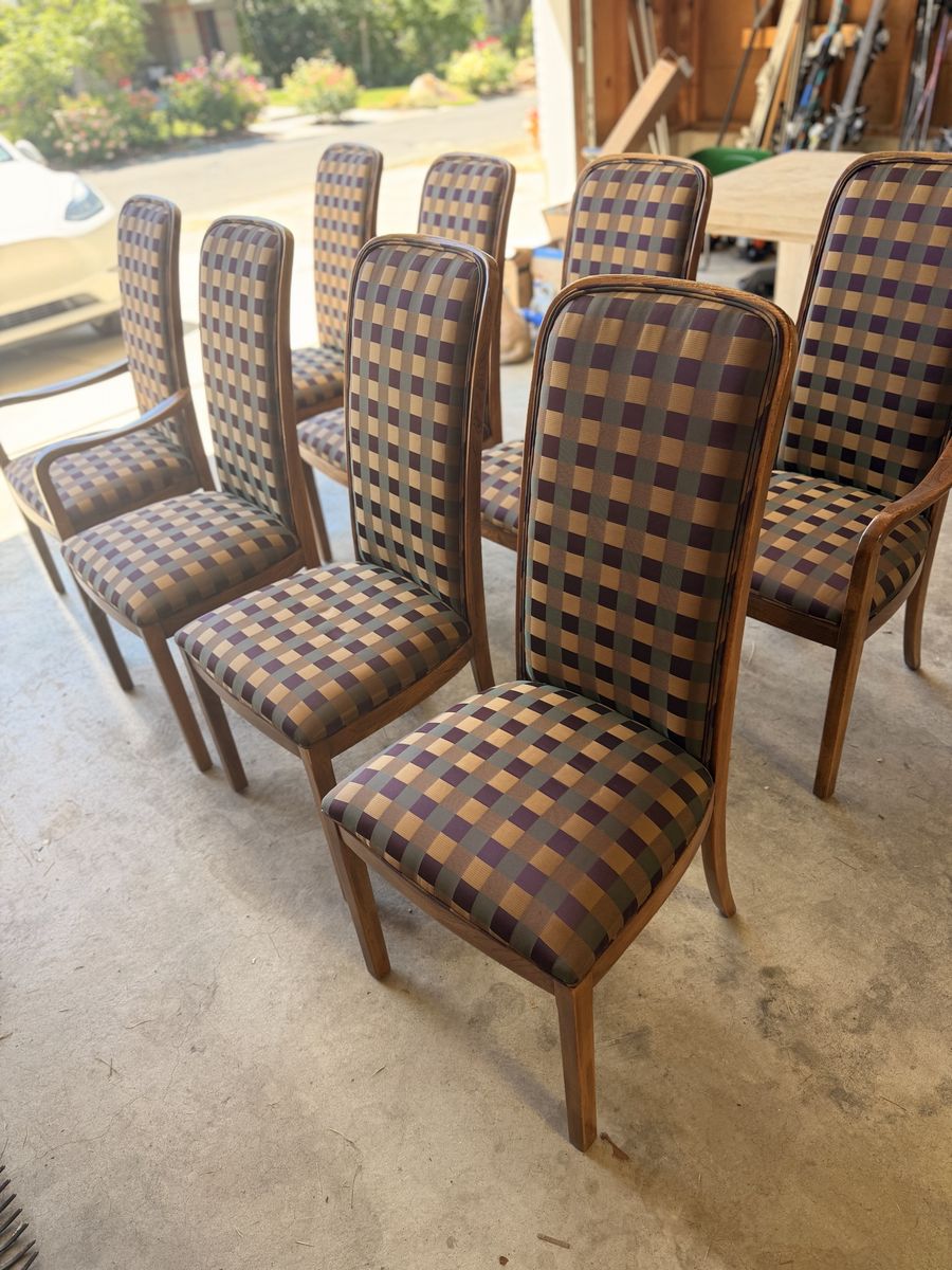 Set of 8 Vintage Mid-Century Modern Dining Chairs - Wood Frame, Upholstered Plaid Pattern
