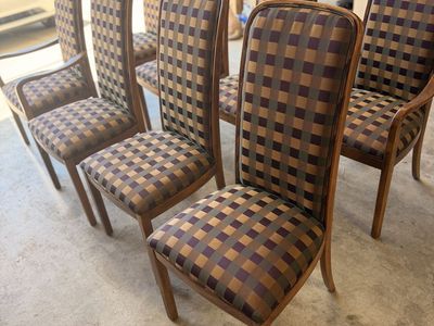 Set of 8 Vintage Mid-Century Modern Dining Chairs - Wood Frame, Upholstered Plaid Pattern