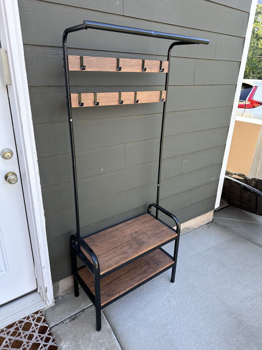 Industrial Metal and Wood Hall Tree with Bench and Shoe Storage
