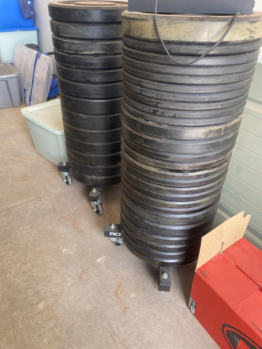 Rogue Fitness Rubber Bumper Plates Stacks with Wheels
