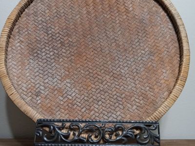 Native American sortin winnowing Woven Rattan Wicker Wall Art Basket Tray Platter Decor 18" Round Boho Chic