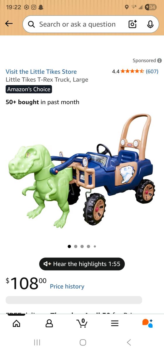 Little tikes T-rex ride on truck