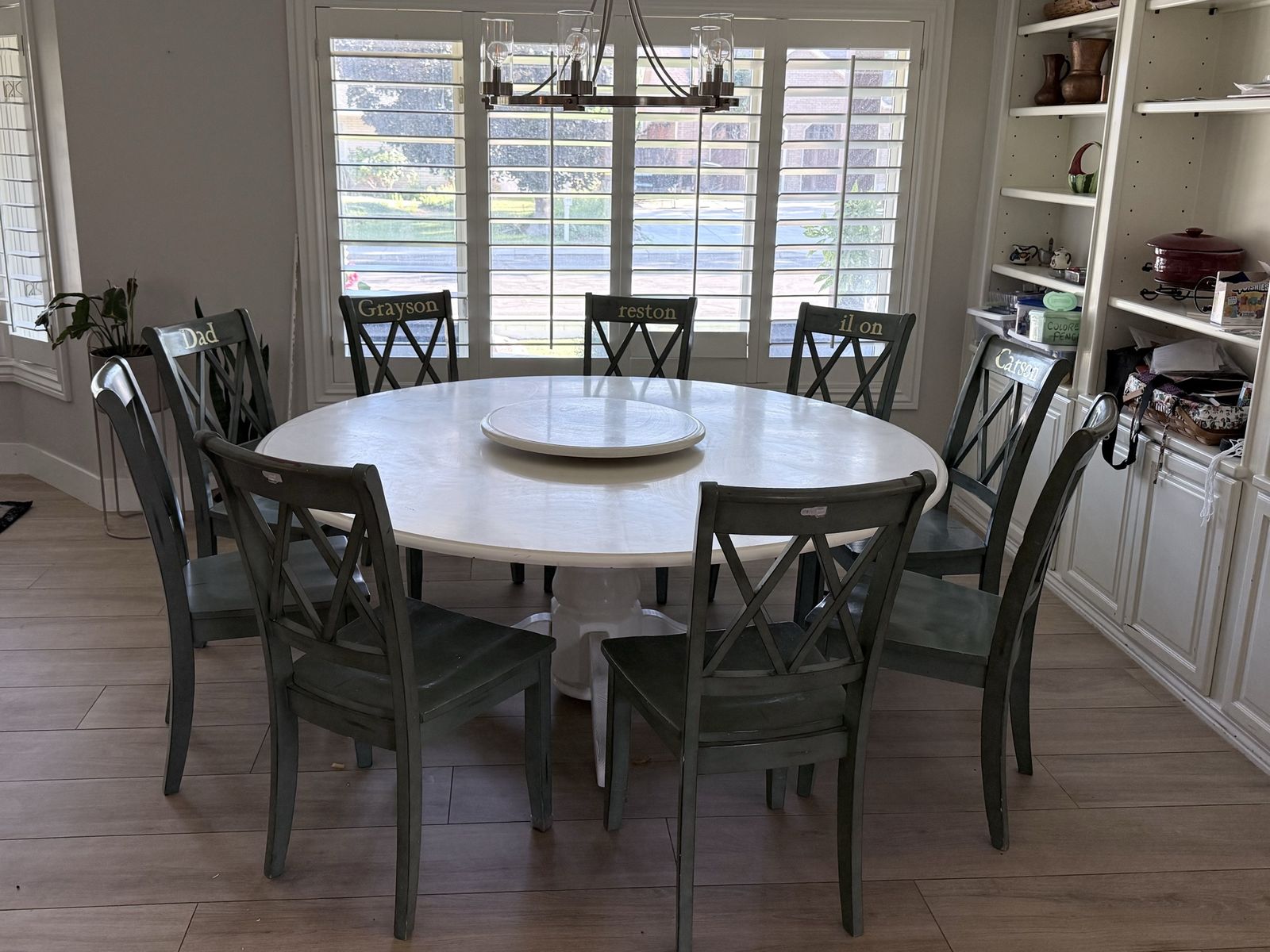 6 FT (72 in) LARGE ROUND DINING TABLE with 9 Green Farmhouse Chairs