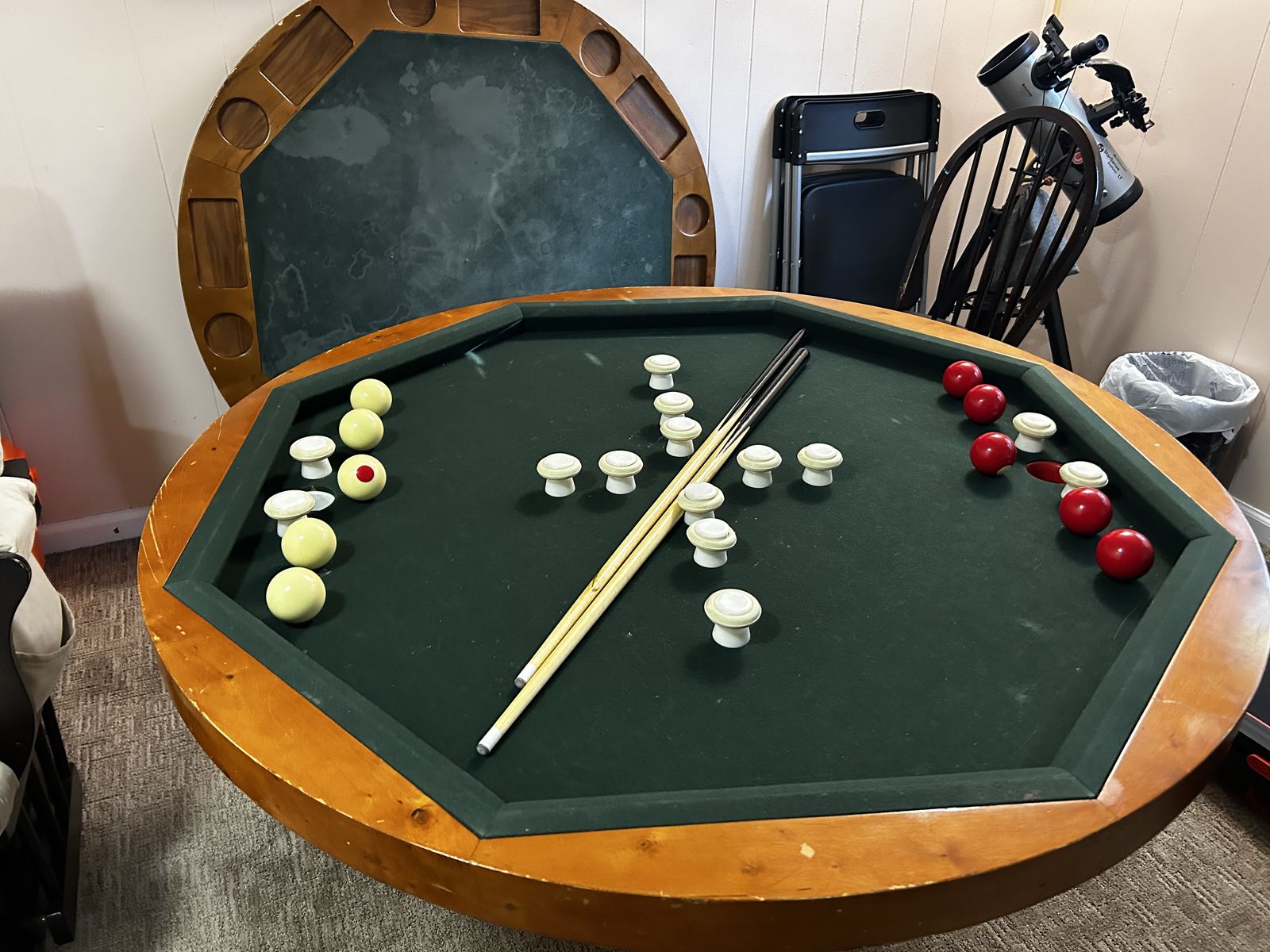 Vintage Octagonal Poker Game Table with Dining Top & Two Carved Wooden Chairs, Good Condition