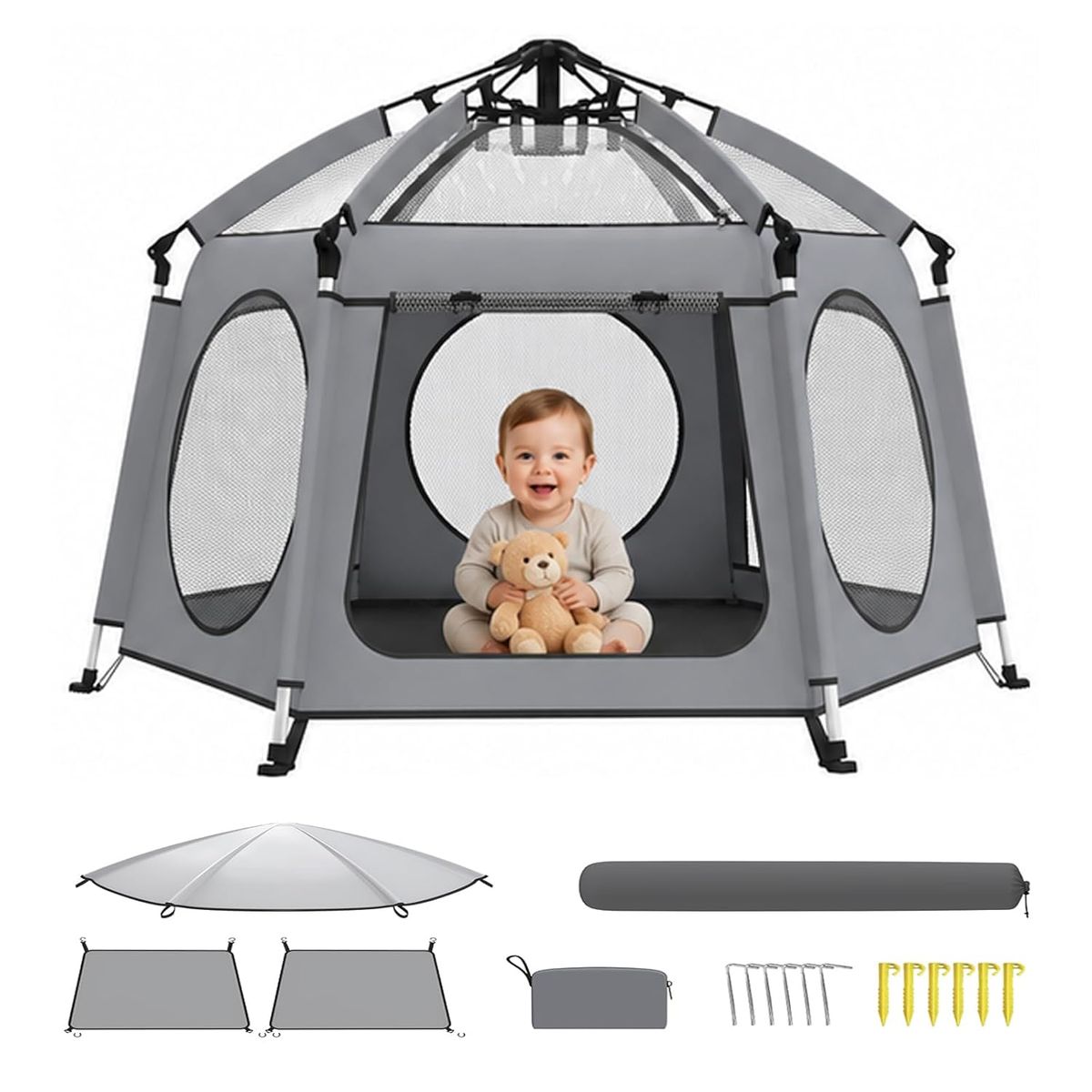 NEW Pop Up Baby Playpen with Canopy, Portable Foldable, Breathable Mesh Playpen with Aluminum Frame, Sun Shade Tent