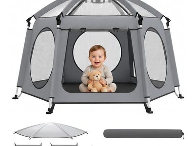 NEW Pop Up Baby Playpen with Canopy, Portable Foldable, Breathable Mesh Playpen with Aluminum Frame, Sun Shade Tent