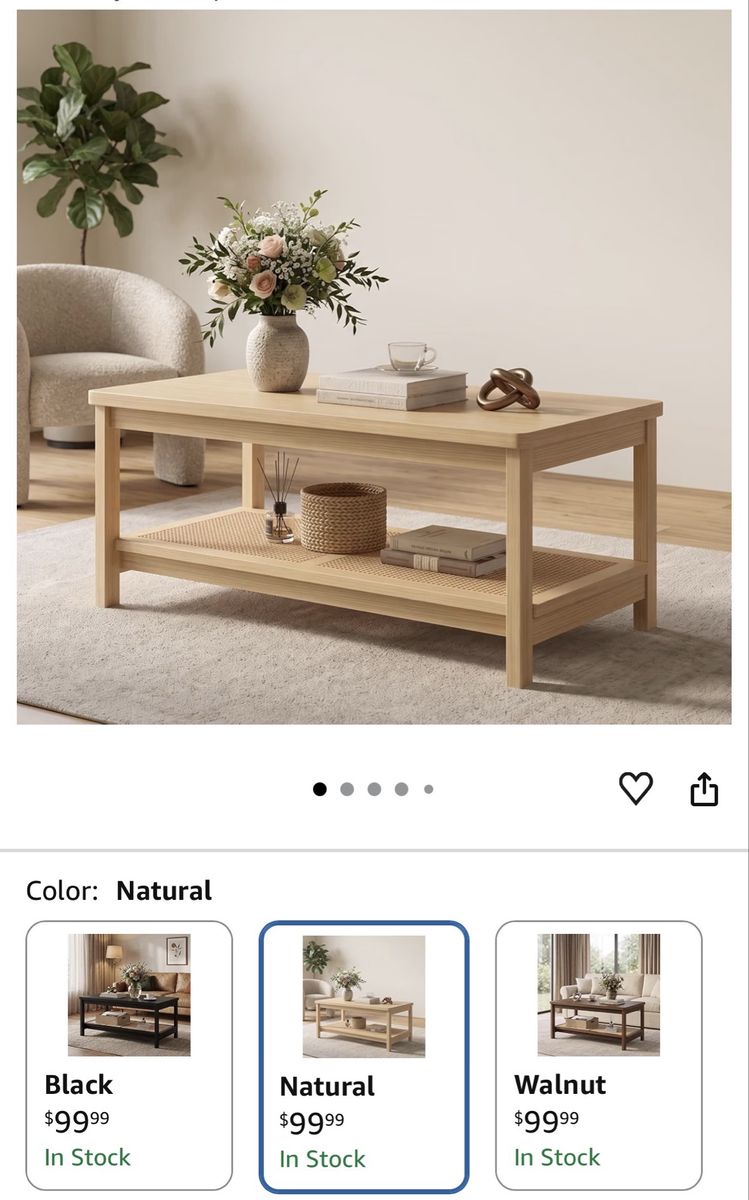 Natural Wood Coffee Table with Rattan Shelf, Rectangle, Modern Design