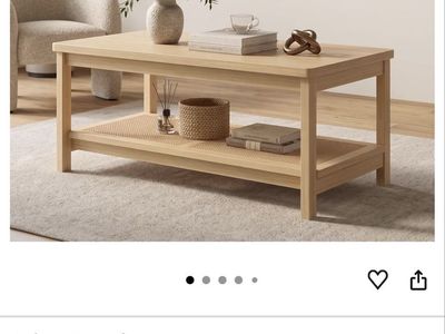 Natural Wood Coffee Table with Rattan Shelf, Rectangle, Modern Design
