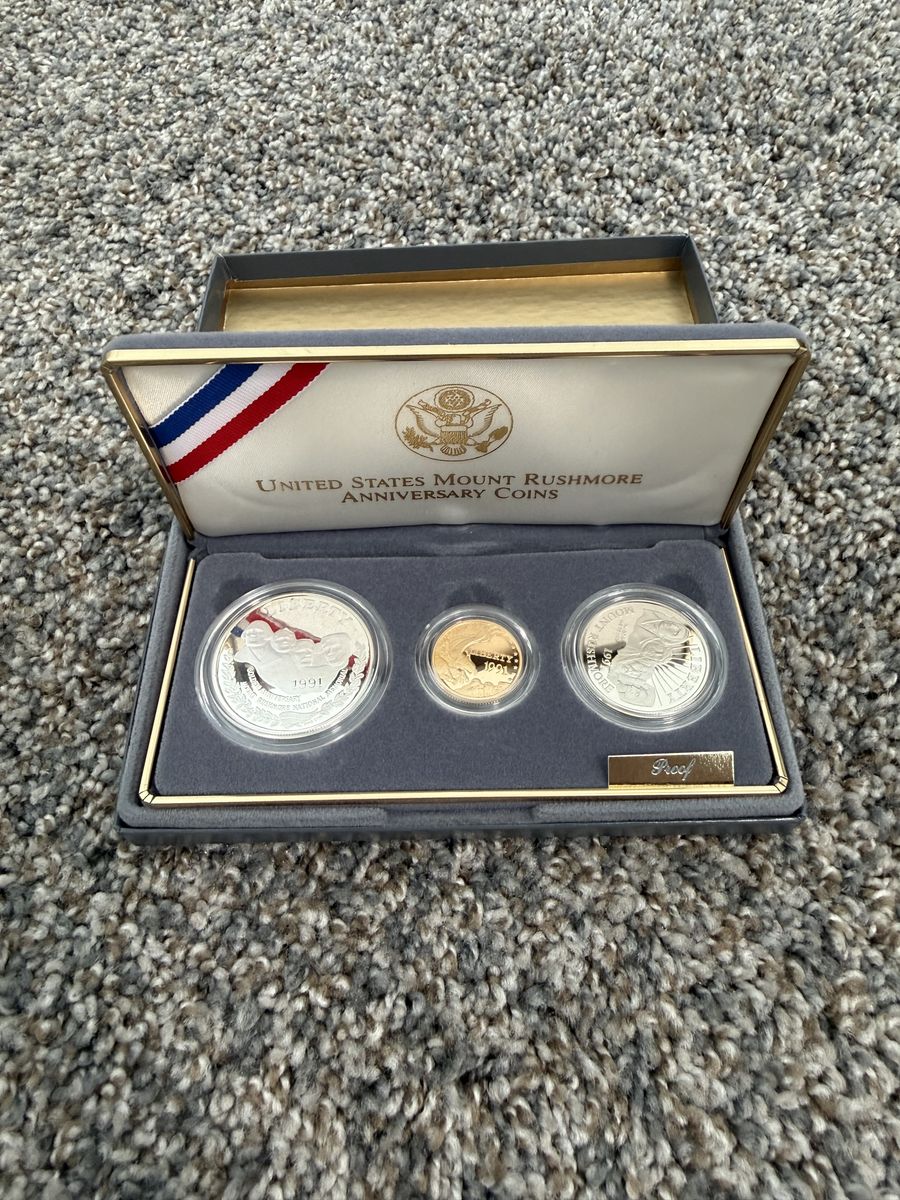 1991 U.S Mint Mount Rushmore Anniversary Gold & Silver 3 Coin Proof