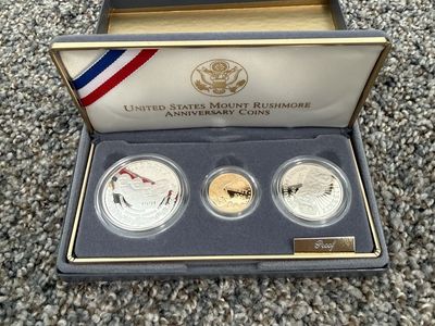 1991 U.S Mint Mount Rushmore Anniversary Gold & Silver 3 Coin Proof