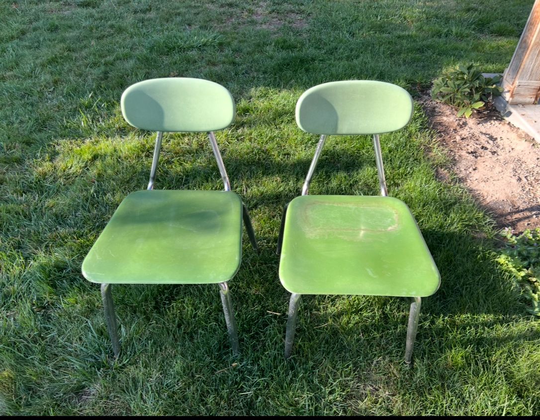 Set of 2 Vintage Retro Green Fiberglass and Chrome Metal Chairs