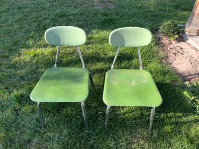 Set of 2 Vintage Retro Green Fiberglass and Chrome Metal Chairs