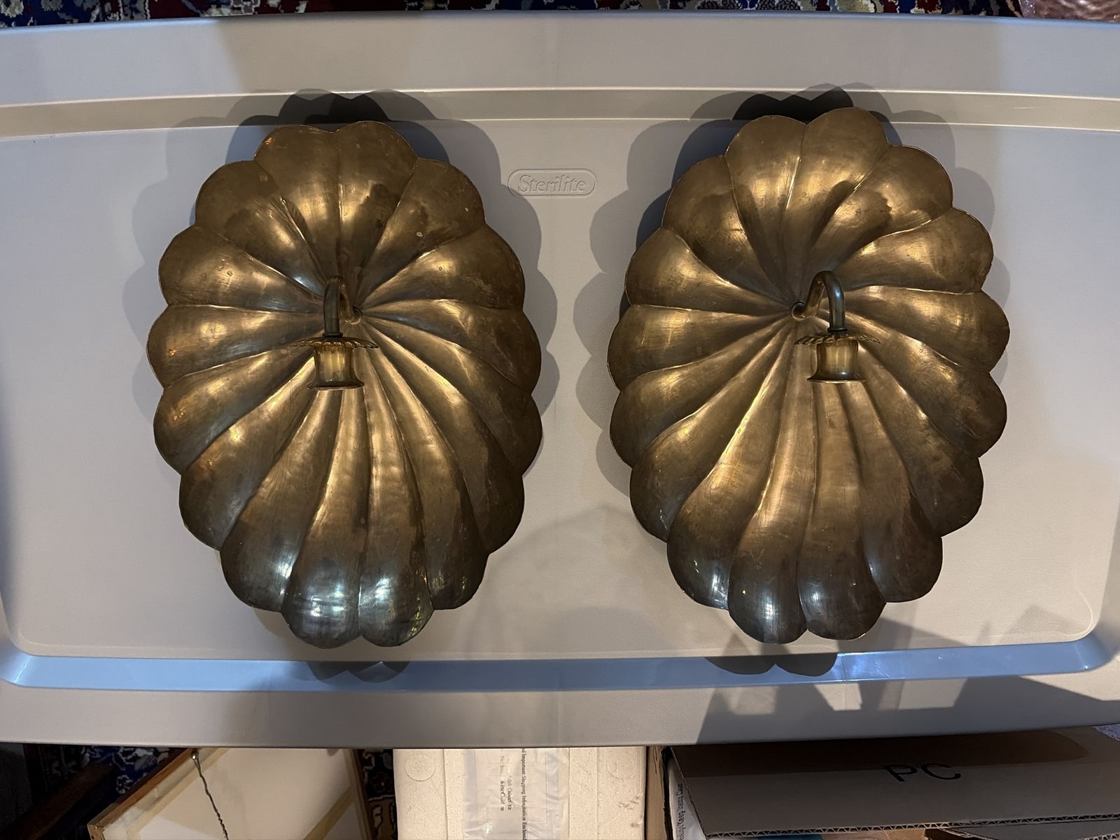 Vintage Brass Fluted Scalloped Shell Wall Candle Sconce Pair