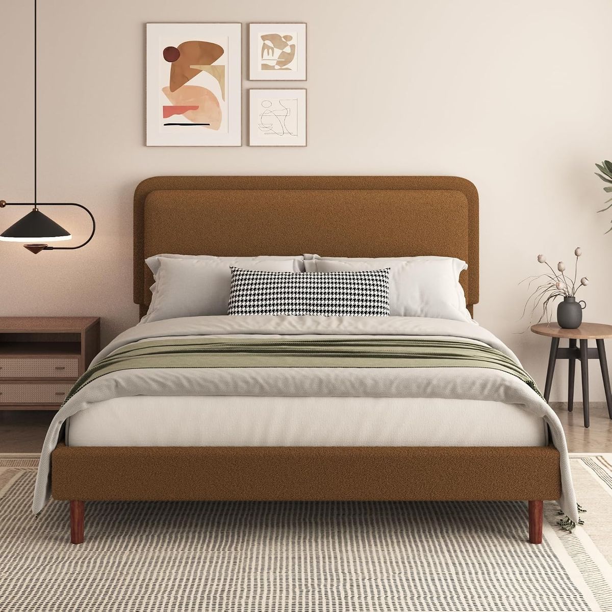 Brand New Queen Size Boucle Platform Bed Frame, Brown