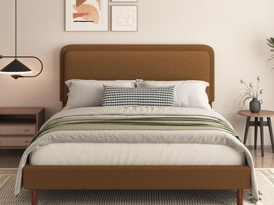 Brand New Queen Size Boucle Platform Bed Frame, Brown