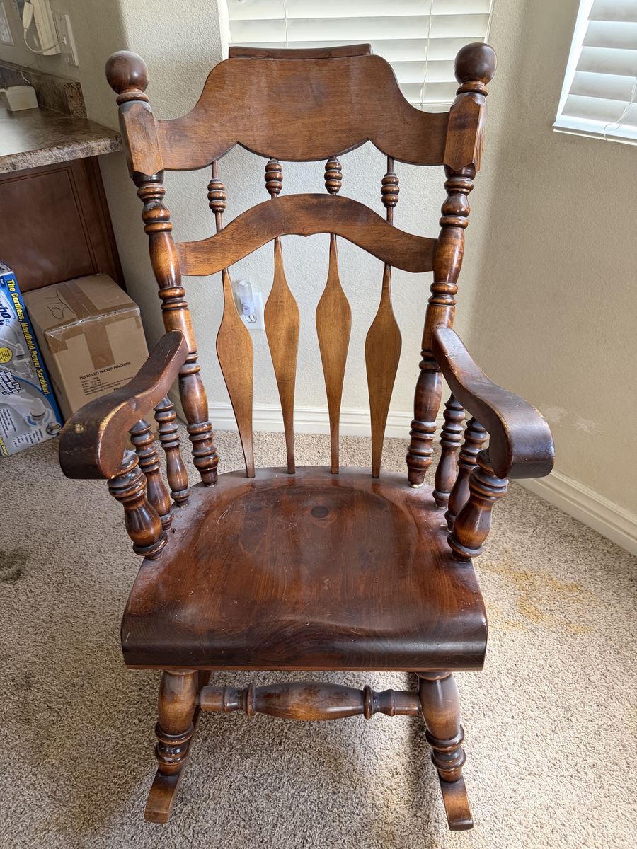 Vintage Wooden Rocking Chair - Spindle Back, Dark Wood Finish