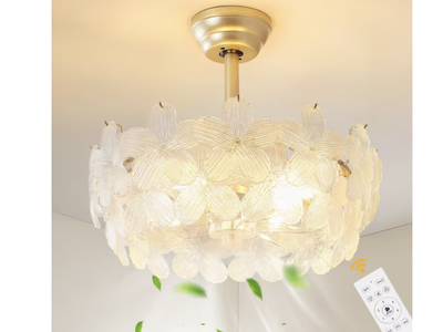 New in box19 in. Indoor Modern Enclosed Crystal Flower Gold Ceiling Fan with Light and Remote