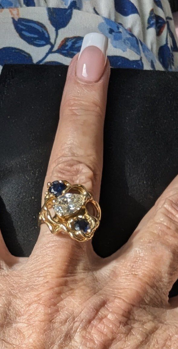 14K Yellow Gold Free Form Ring with 1.60 Carat Pear Diamond & Two 5mm Sapphire