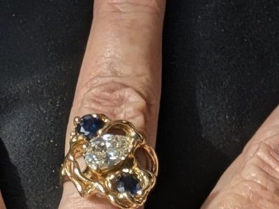 14K Yellow Gold Free Form Ring with 1.60 Carat Pear Diamond & Two 5mm Sapphire
