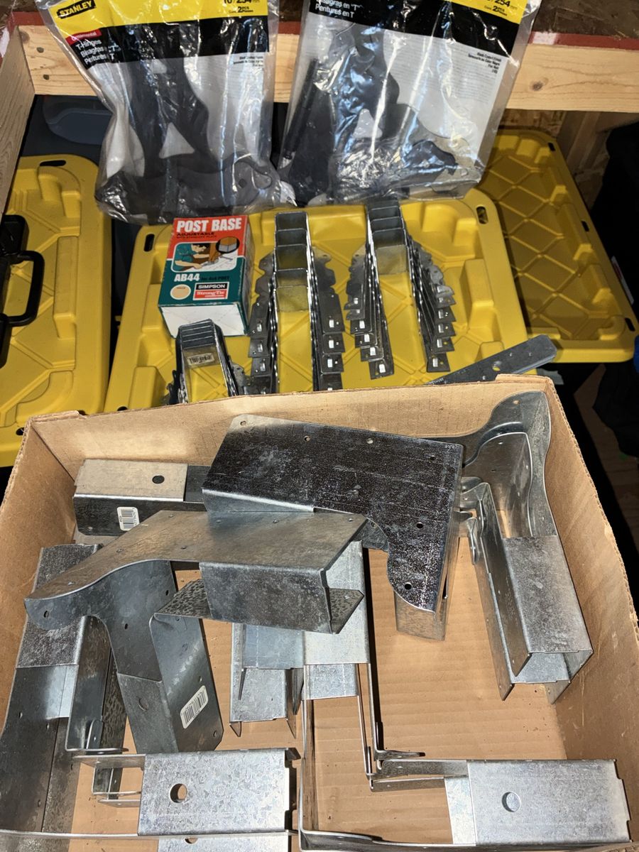 Assorted Simpson Strong-Tie Connectors, Post Base, and Stanley T-Hinges Lot