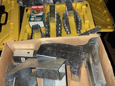 Assorted Simpson Strong-Tie Connectors, Post Base, and Stanley T-Hinges Lot