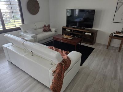 White Leather Sectional Sofa Set - Two Couches for Living Room