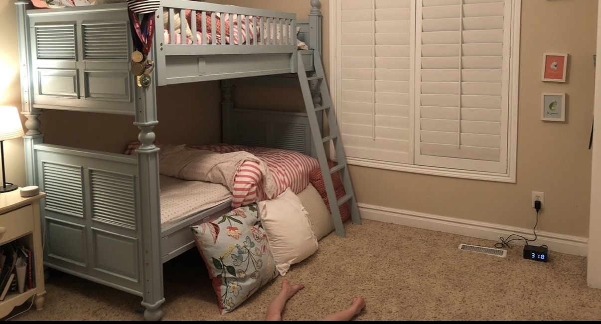 Light Blue Wooden Twin Over Twin Bunk Beds with Ladder - Excellent Condition