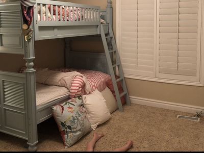 Light Blue Wooden Twin Over Twin Bunk Beds with Ladder - Excellent Condition
